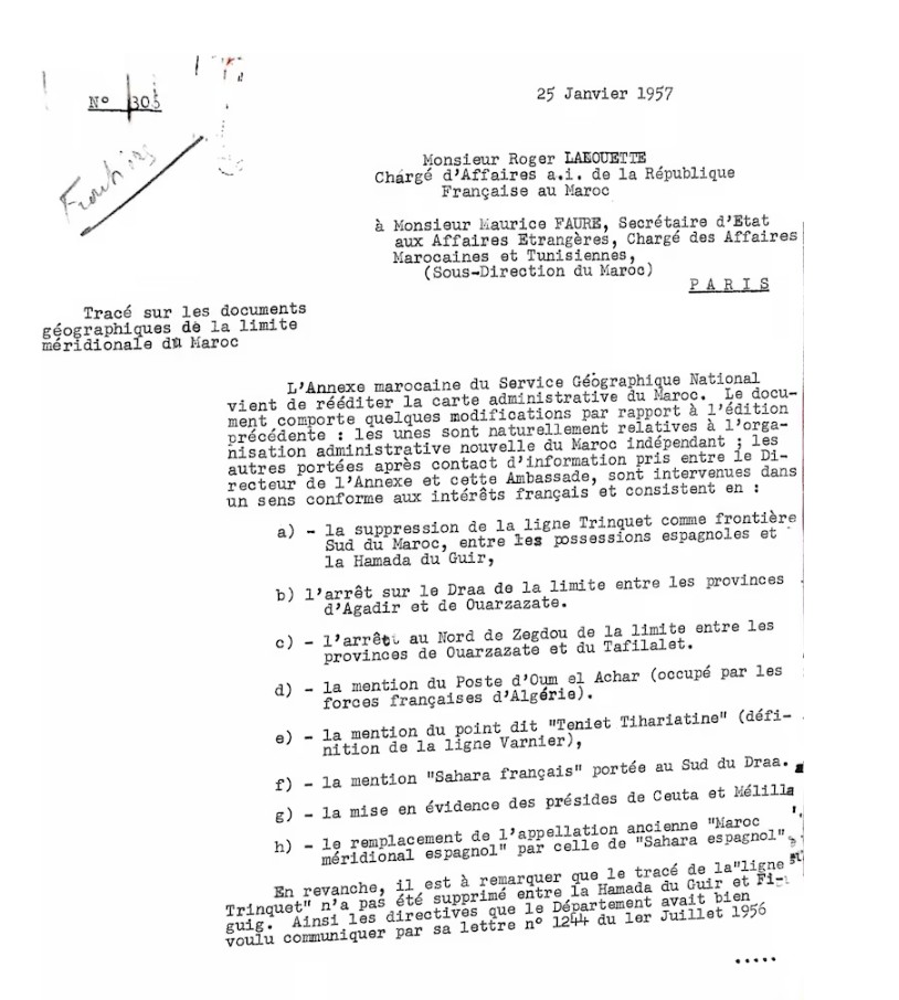 مراسلة فرنسية سنة 1957 عن تعديلات خريطة المغرب